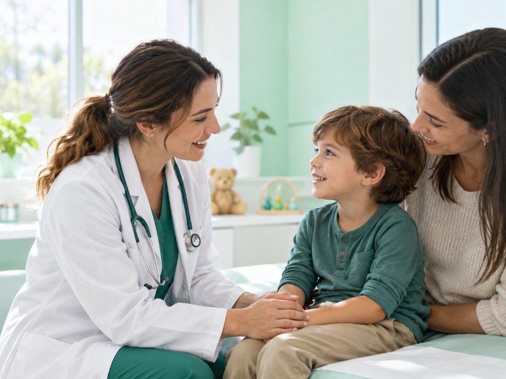 Pediatría: profesional de salud atendiendo a un niño acompañado de su familia